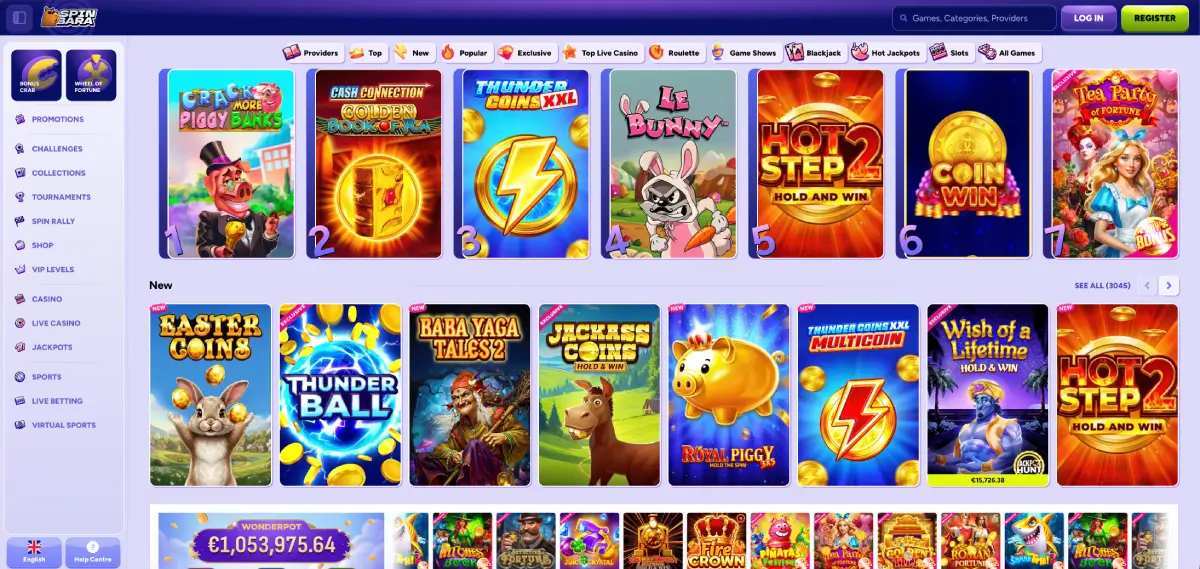 Spinbara online casino pokie lobby showing Megaways and Bonus Buy categories
