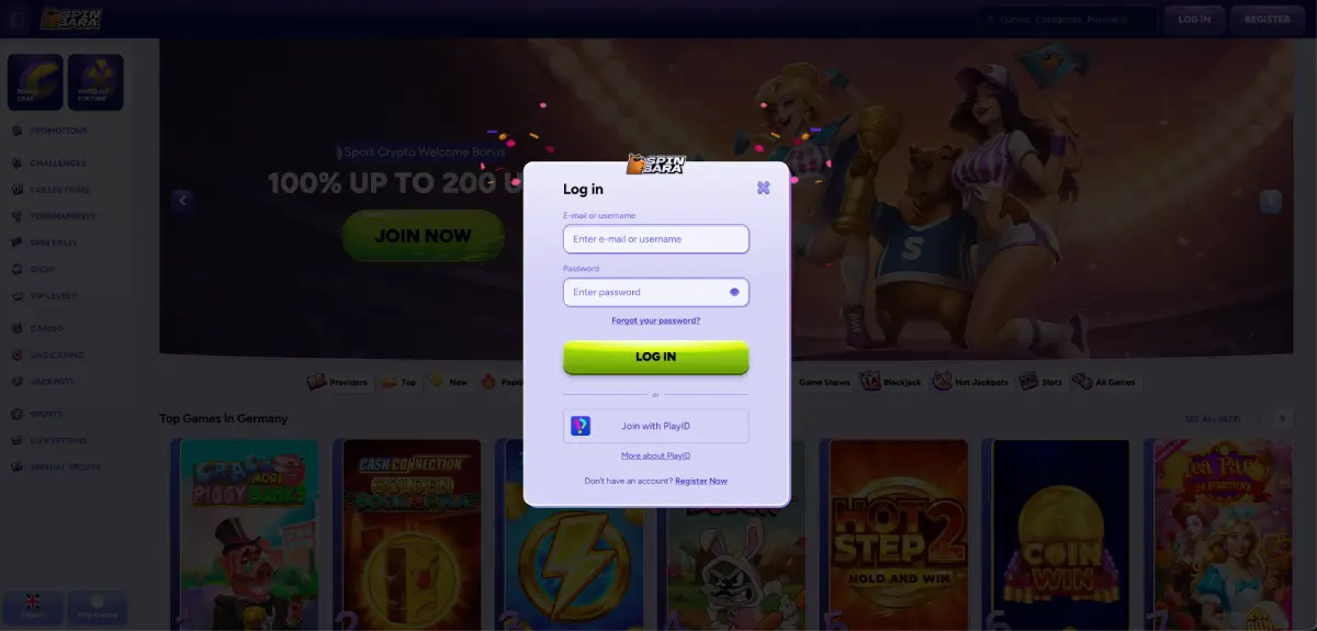 Spinbara casino login screen on mobile browser showing email and password fields