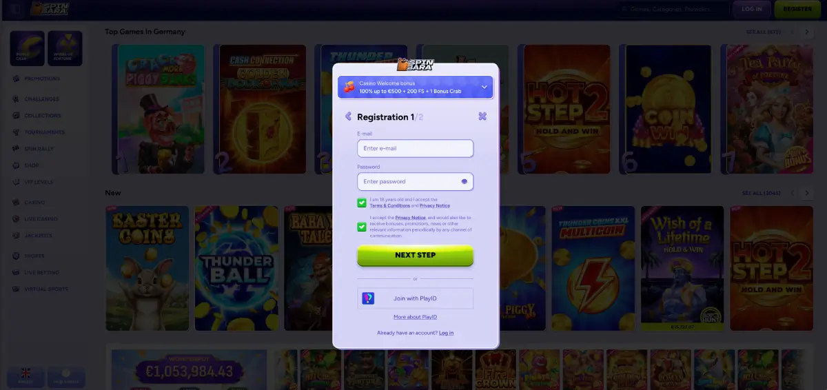 Spinbara casino registration form step one showing bonus selection options for Australia