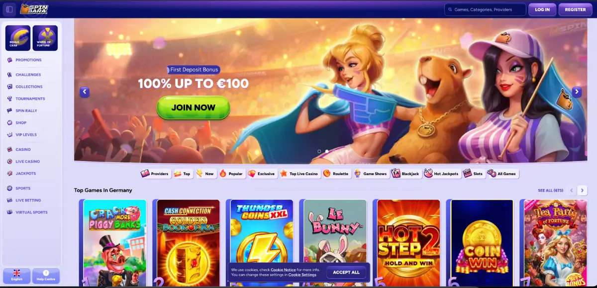 Spinbara casino Australia homepage overview on desktop and mobile